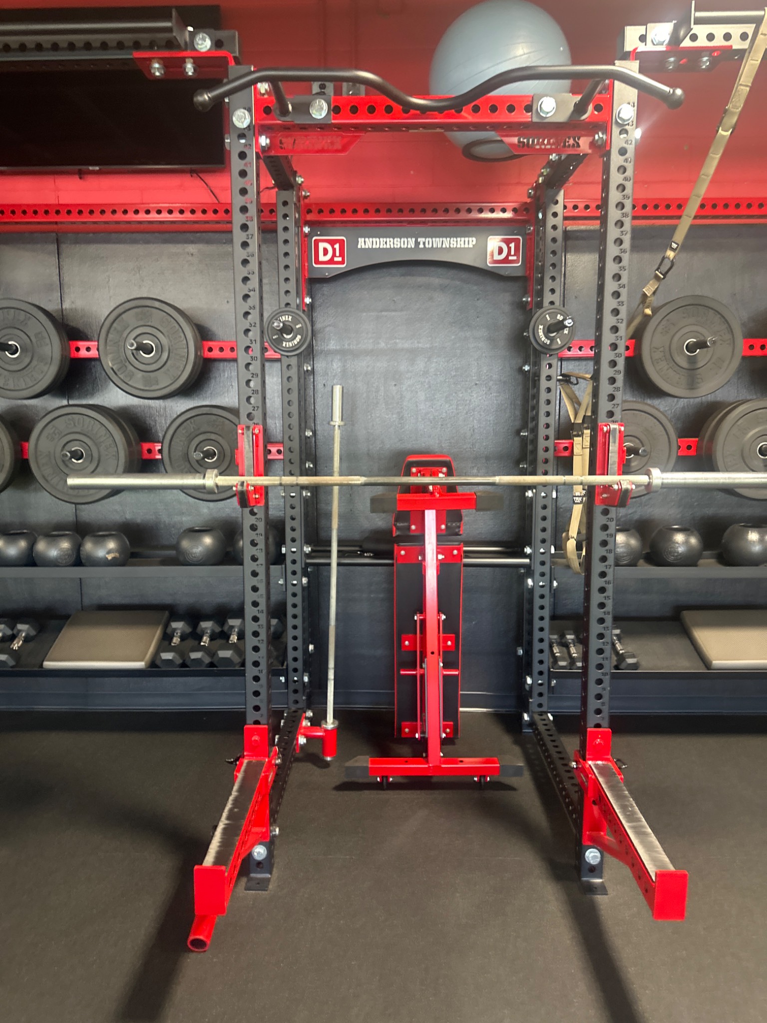 Sorinex and D1 power rack with plates, dumbbells and medicine balls